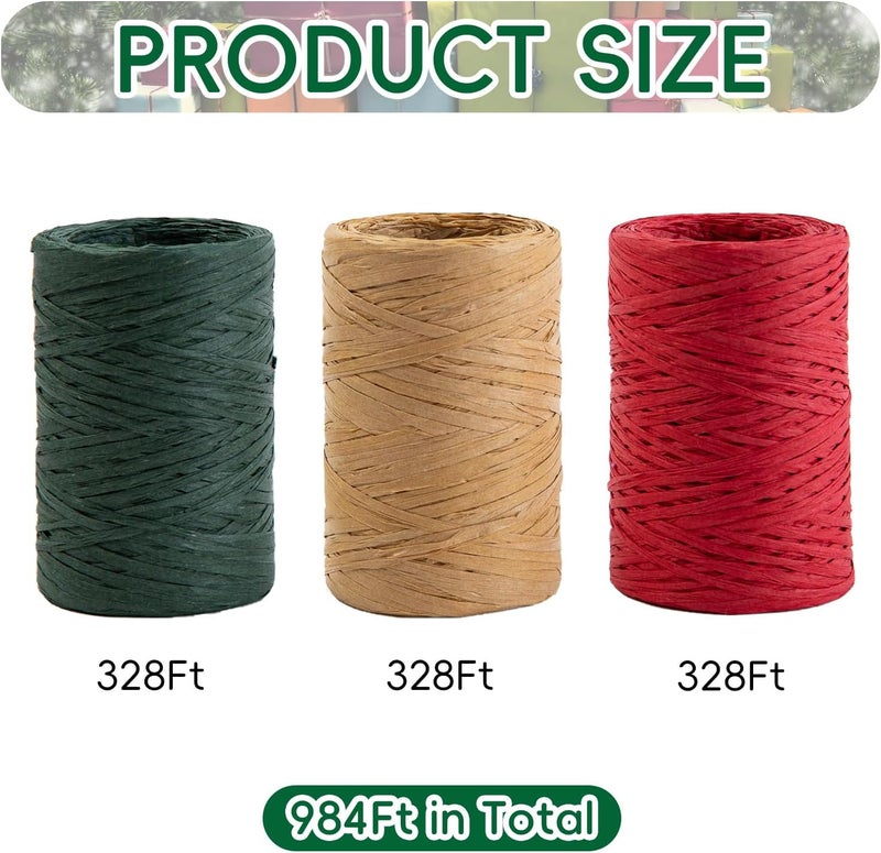 Jocomoni 3 Roll Raffia Ribbon 984ft Raffia Paper Ribbon Red Green Kraft Raffia Paper Twine Wrapping Ribbon for Christmas Gift Wrapping DIY Craft Supply（328ft Each Roll） - Image 2